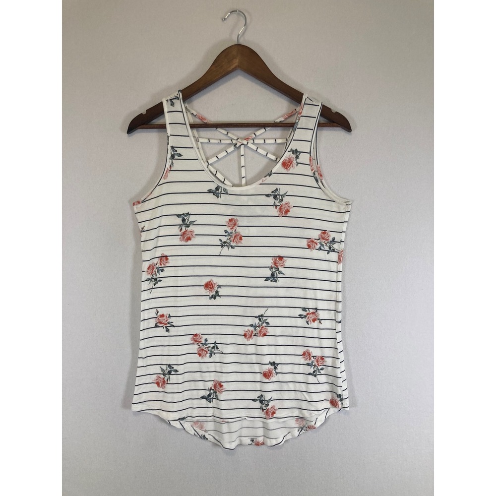 Cottagecore Maurices Women Small White Floral Striped‎ Strappy Back Tank Top